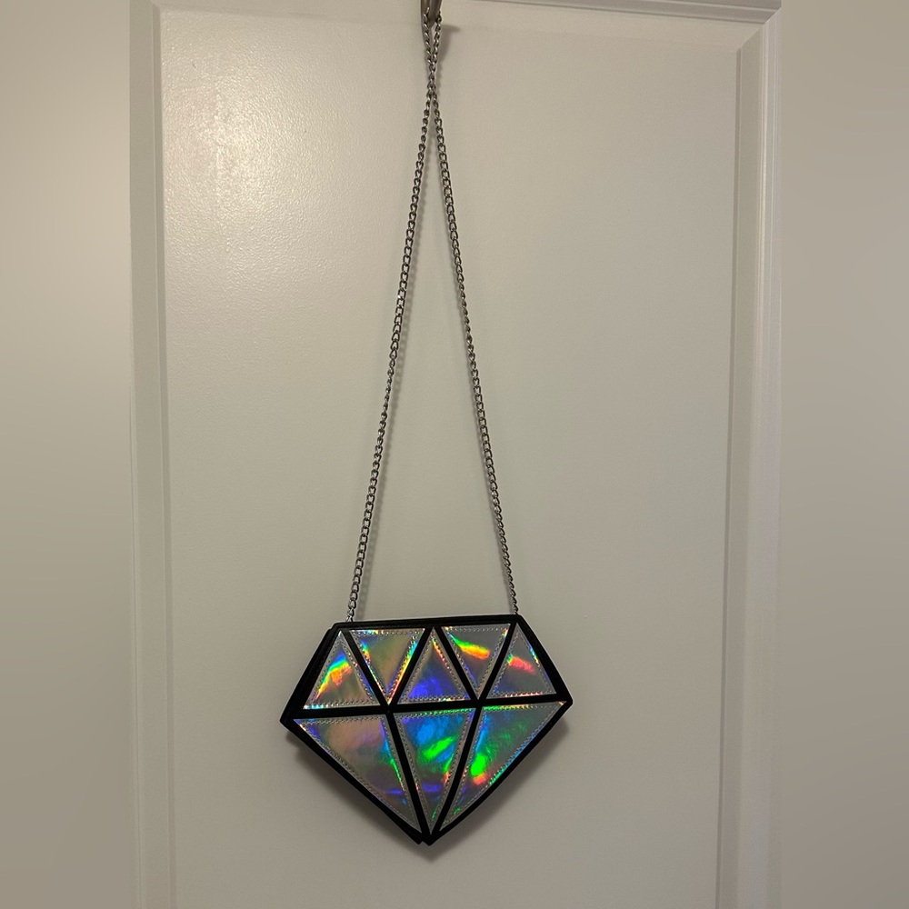 Diamond shape handbag on chain. Silver / gray. Super cute! Never used! Metallic